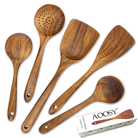 Aoosy 5-Piece Kitchen Tools Set Natural Acacia Wood Japan No Glue Digged From Lump Tree Utensils With Box