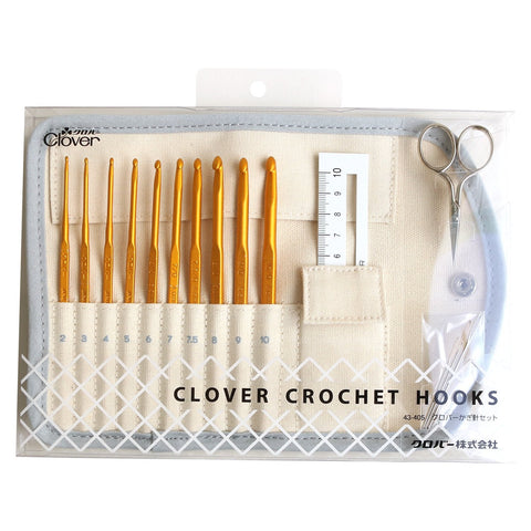 Clover Japan Crochet Hook Set 10 Hooks 3 Staples Mini Scissors Knit Gauge Case 43-405