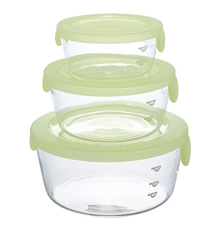 Hario Japan Glass Fresh-Keeping Bowl 3-Piece Set Heat-Resistant Cooking Kimchi Syt-2418Cg Green