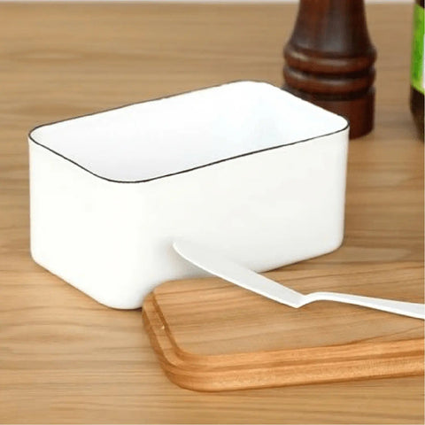 Noda Horo Enamel Butter Dish With Solid Cherry Wood Lid for 200 g Butter