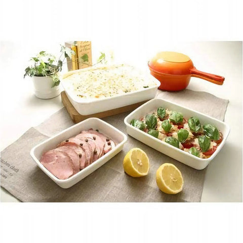 Noda Horo White Series Enamel Rectangle Shallow Food Containers With Lid Small