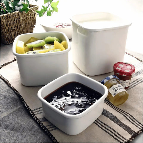 Noda Horo White Series Enamel Square Food Containers With Lid Small