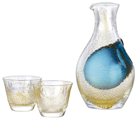 Toyo Sasaki Glass Gold Leaf Cold Sake Set Made In Japan - Carafe 300Ml Glasses 80Ml (3Pcs) G640-M60