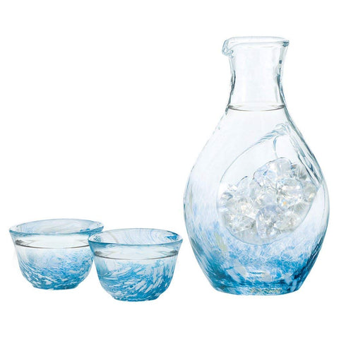 Toyo Sasaki Glass Cold Sake Set Japan Blue Carafe 300Ml 55Ml 3-Pack G604-M70