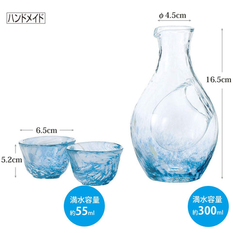 Toyo Sasaki Glass Cold Sake Set Japan Blue Carafe 300Ml 55Ml 3-Pack G604-M70