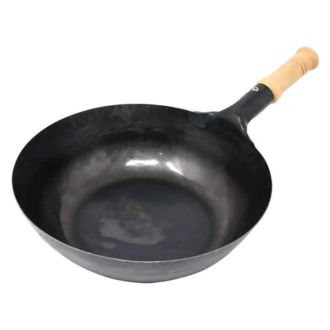 Yamada Hammered Iron Wooden Handle Round Bottom Wok (1.2Mm Thickness) 27cm - Unseasoned