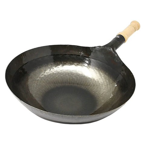 Yamada Hammered Iron Wooden Handle Round Bottom Wok (1.2Mm Thickness) 24cm - Unseasoned